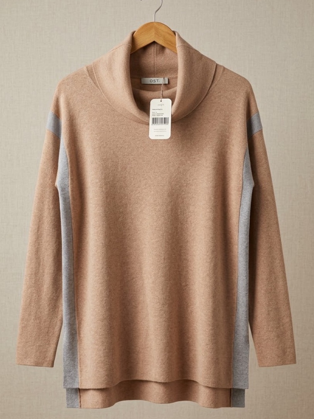 Ost Cashmere Blend Cowl Neck Tunic Sweater Biscuit Gray NWT Size S